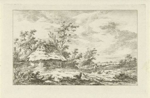 Man with a rake by a barn