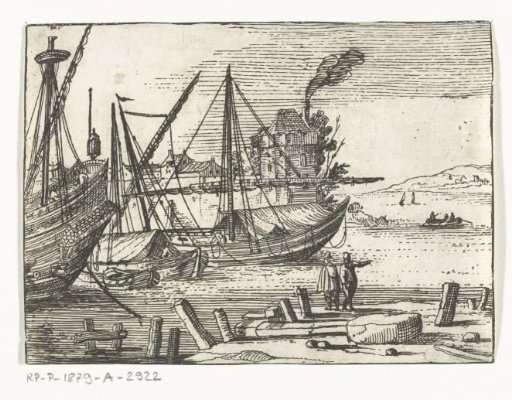 Harbour view with two sailing ships and a galley, two men standing on the quay