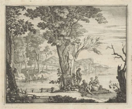 River landscape with anglers near a statue of Venus