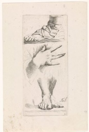 Studies of a foot in a sandal, a hand and feet