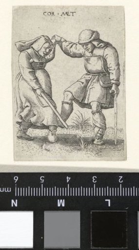 Dancing man and woman dressed as peasants