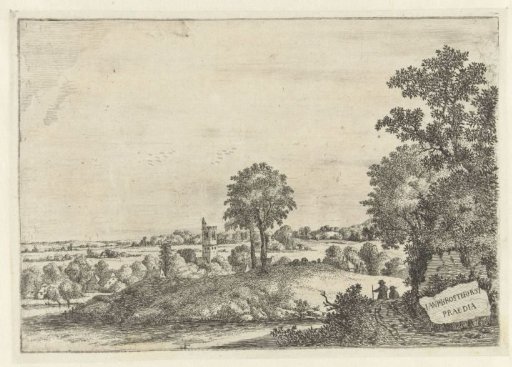 Landscape with two men on a sandy path and a view of a village