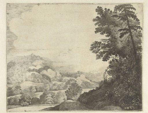 Landscape with a sheep on a hill and trees
