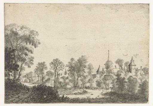 Landscape with a view of a village and a man in a boat