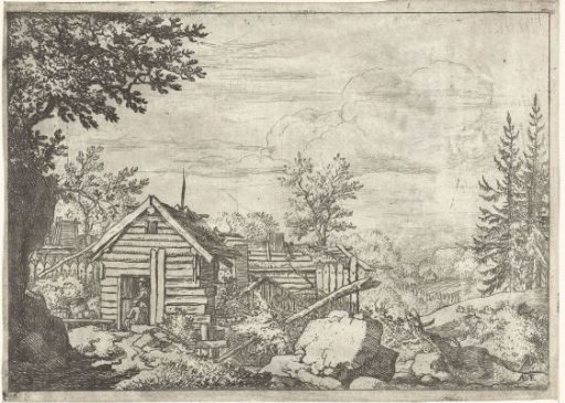 Landscape with two men in the doorway of a wooden hut