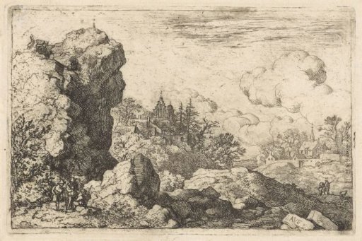 Three travellers at the foot of a rock