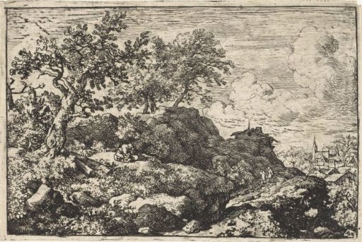 Mountain landscape with seated figure on a mountain