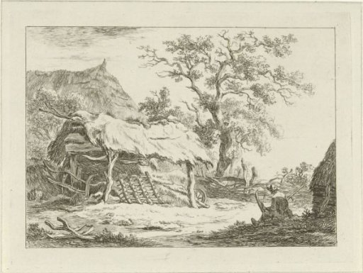 Seated figure by a barn