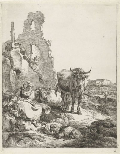 Landscape with standing and lying cow and shepherdess before a ruin