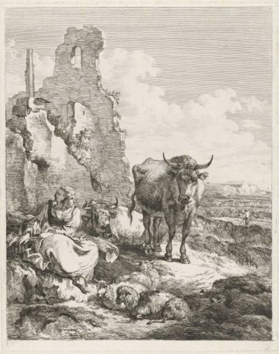 Landscape with standing and lying cow and shepherdess before a ruin