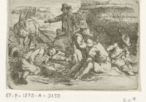 Six beggars at a fountain