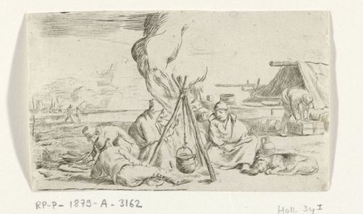 Five soldiers around a campfire