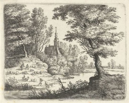 Landscape with shepherds and cattle by a river