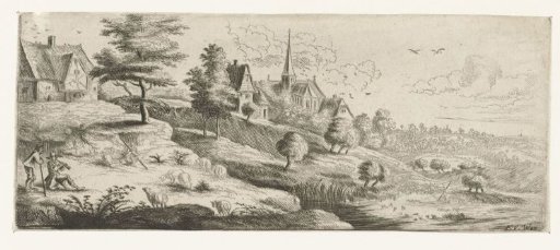 Landscape with a village and a man playing a shawm
