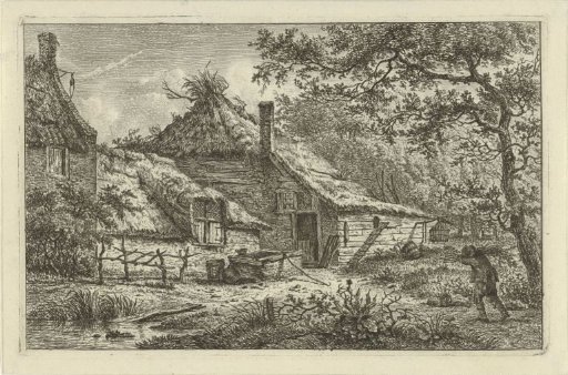 Farmyard with a man with brushwood