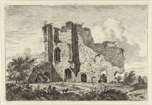 Shepherds with a dog near a ruin
