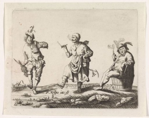 Dancing peasant man and woman and a man on a barrel