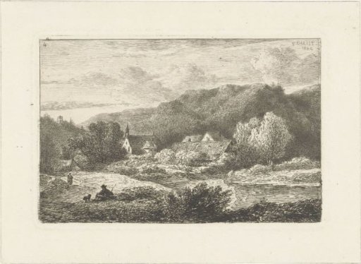 Hilly landscape with a small church and houses