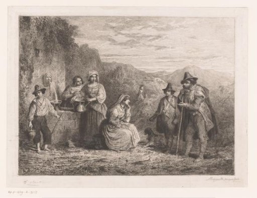 Traveling musicians at a spring in the landscape