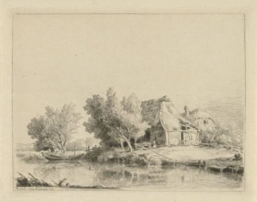 Woman by a farmhouse by a pond