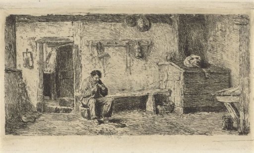 Man smoking a pipe in a barn