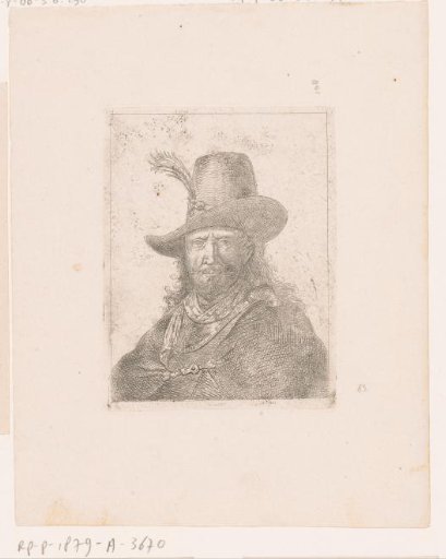 Bust of a man with a tall hat with a plume
