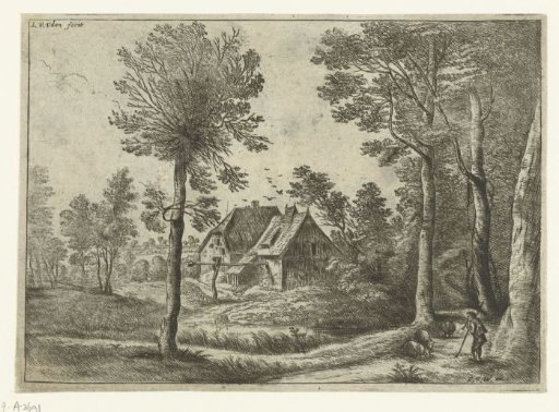 Landscape with a shepherd playing a shawm near a farmhouse