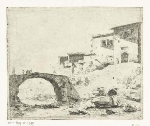Stone bridge with a donkey driver by houses