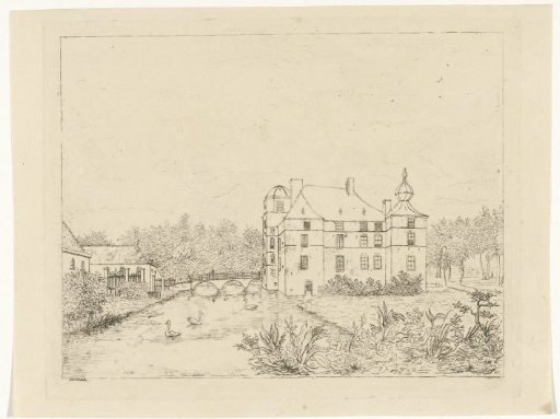 Side view of Castle de Cannenburch with houses near the access bridge