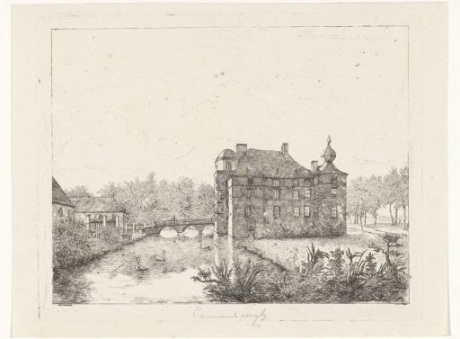 Side view of Castle de Cannenburch with houses near the entrance bridge