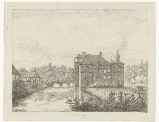 Side view of Castle de Cannenburch with houses near the entrance bridge