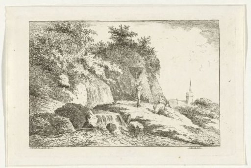 Landscape with waterfall and church