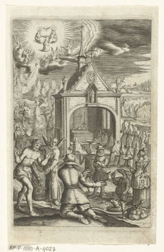 Emblem with a man renouncing his earthly possessions and converting to the Christian faith