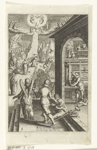 Emblem with a man preparing himself with good deeds for a prayer to God