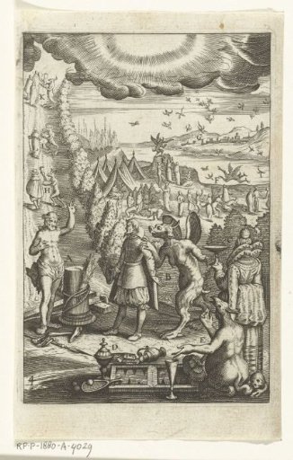 Emblem with a man on the path to eternal life who is exposed to the temptations of the devil