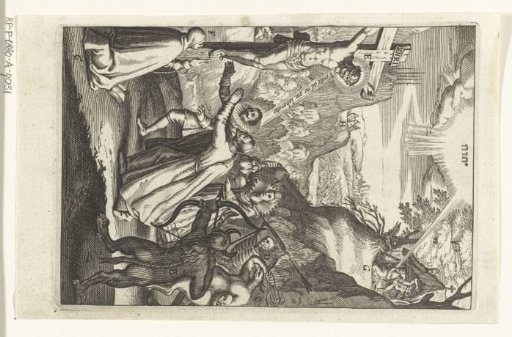 Emblem with men taking refuge in the Christian faith and turning away from sin, the devil, and death