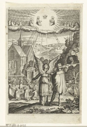 Emblem with an angel showing a man that he must live according to the example of the saints