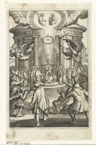 Emblem with the Christian Church protected against attacks by the godless such as devils