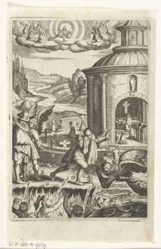 Emblem with angels encouraging men to have compassion for the pleading souls in purgatory
