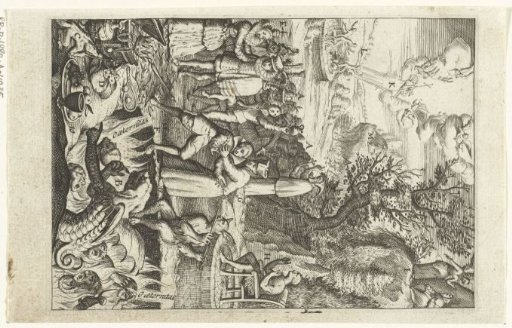 Emblem with a bishop protecting a man from the temptations of a devil