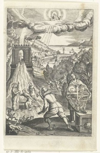 Emblem with a man seeing how trust in God can redeem a person from sins and lead him to live in virtue
