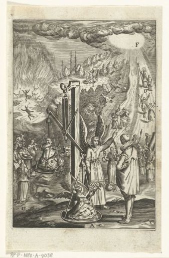 Emblem with an angel showing a man how to weigh virtue and sin against each other