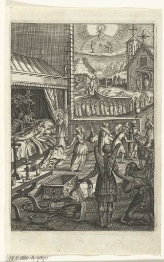 Emblem with an angel showing a cleric that the devil comes to claim the soul after the death of a sinner