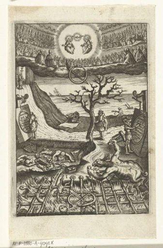 Emblem with a man doubting the choice between a life of virtue and a life of sin