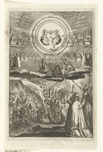 Emblem with a man who must choose whether to serve God or the devil