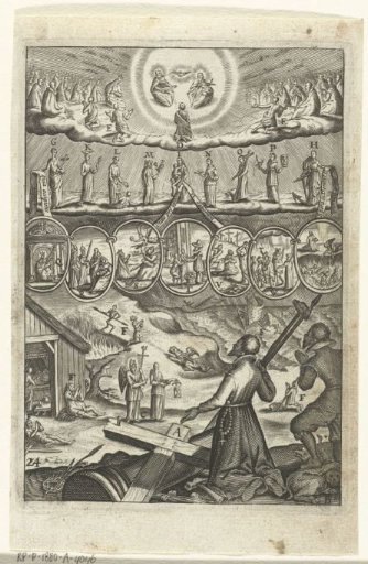 Emblem with a cleric and a man praying to God and the saints for the grace to live a virtuous life