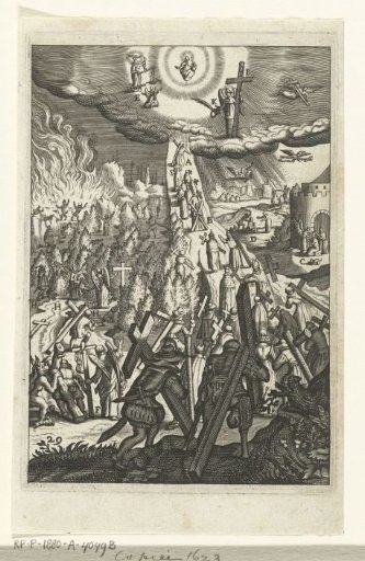 Emblem with a man carrying his cross and aware of setbacks on his path