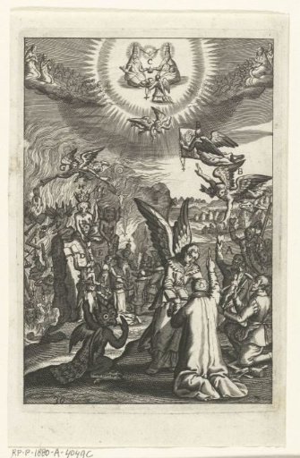 Emblem with a man learning that he pleases God with good works