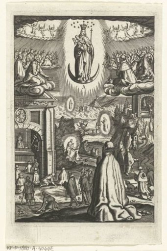 Emblem with Mary and Child venerated by souls in heaven and a man