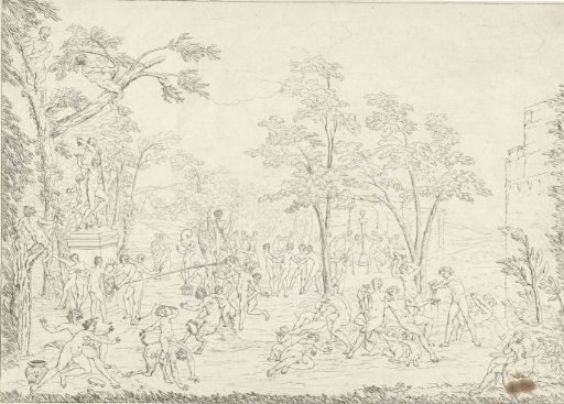 Satyrs and nymphs by a fountain